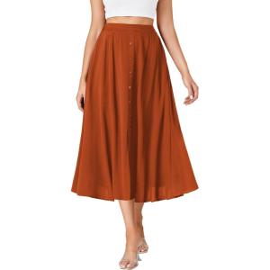 imageLYANER Womens High Elastic Waist Pleated Flare A Line Midi Skirt with PocketsBurnt Orange