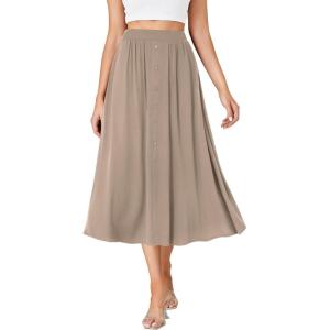 imageLYANER Womens High Elastic Waist Pleated Flare A Line Midi Skirt with PocketsKhaki