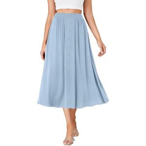 imageLYANER Womens High Elastic Waist Pleated Flare A Line Midi Skirt with PocketsLight Blue