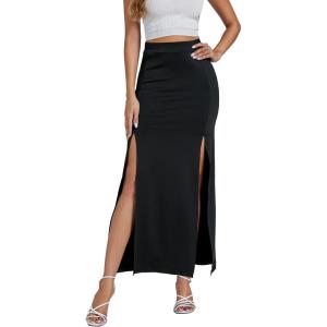 imageLYANER Womens High Waist Slit Split Solid Bodycon Long Maxi SkirtBlack