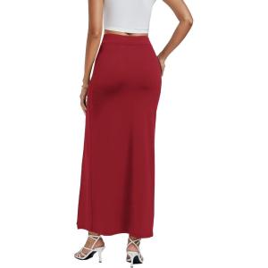 imageLYANER Womens High Waist Slit Split Solid Bodycon Long Maxi SkirtWine Red