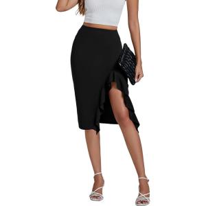 imageLYANER Womens High Waist Stretchy Ruffle Trim Slit Split Asymmetrical Bodycon Midi SkirtBlack
