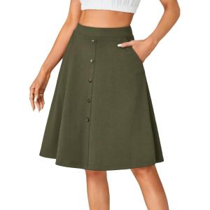 imageLYANER Womens Knee Length Casual Skirt Stretchy Button High Waist ALine Flared Vintage Midi Skirts with PocketAmy Green