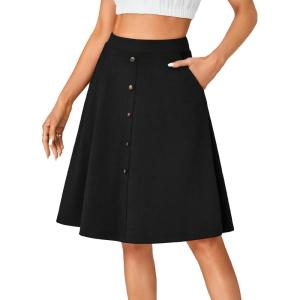 imageLYANER Womens Knee Length Casual Skirt Stretchy Button High Waist ALine Flared Vintage Midi Skirts with PocketBlack