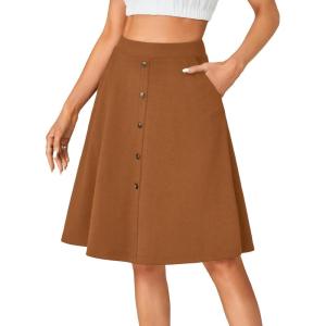 imageLYANER Womens Knee Length Casual Skirt Stretchy Button High Waist ALine Flared Vintage Midi Skirts with PocketBrown