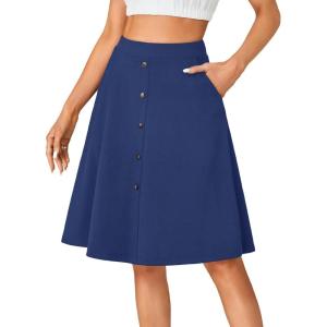 imageLYANER Womens Knee Length Casual Skirt Stretchy Button High Waist ALine Flared Vintage Midi Skirts with PocketDark Blue