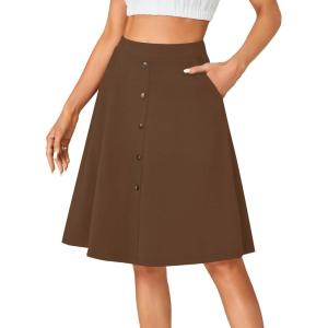 imageLYANER Womens Knee Length Casual Skirt Stretchy Button High Waist ALine Flared Vintage Midi Skirts with PocketDark Brown