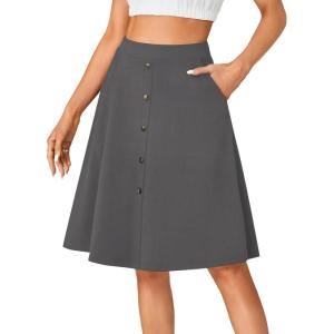 imageLYANER Womens Knee Length Casual Skirt Stretchy Button High Waist ALine Flared Vintage Midi Skirts with PocketDark Gray