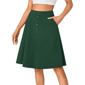 imageLYANER Womens Knee Length Casual Skirt Stretchy Button High Waist ALine Flared Vintage Midi Skirts with PocketDark Green