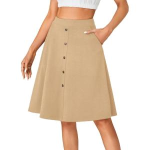 imageLYANER Womens Knee Length Casual Skirt Stretchy Button High Waist ALine Flared Vintage Midi Skirts with PocketKhaki