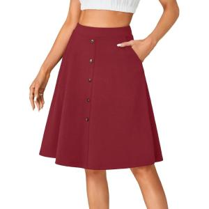 imageLYANER Womens Knee Length Casual Skirt Stretchy Button High Waist ALine Flared Vintage Midi Skirts with PocketWine Red