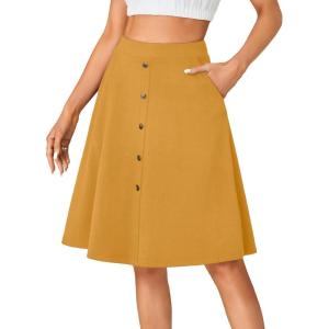 imageLYANER Womens Knee Length Casual Skirt Stretchy Button High Waist ALine Flared Vintage Midi Skirts with PocketYellow