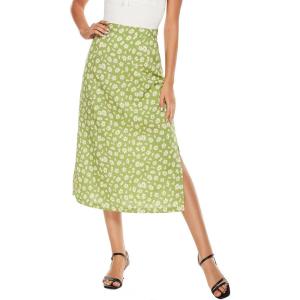 imageLYANER Womens Leopard Print Side Split High Waist Zipper Midi SkirtFloral Light Green