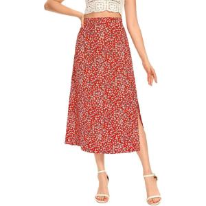 imageLYANER Womens Leopard Print Side Split High Waist Zipper Midi SkirtFloral Red