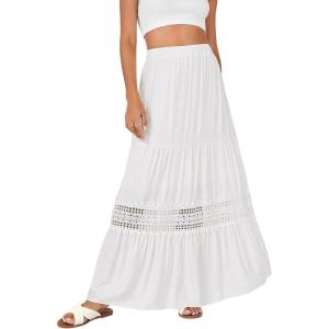imageLYANER Womens Ruffle Tiered Long Skirt Elastic High Waist Pleated Lace Trim Aline Boho Maxi SkirtsWhite
