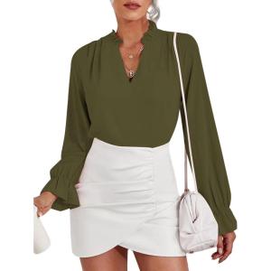 imageLYANER Womens Ruffle V Neck Solid Long Sleeve Chiffon Blouse Shirt TopArmy Green