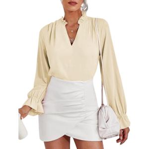 imageLYANER Womens Ruffle V Neck Solid Long Sleeve Chiffon Blouse Shirt TopBeige