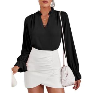 imageLYANER Womens Ruffle V Neck Solid Long Sleeve Chiffon Blouse Shirt TopBlack