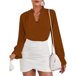 imageLYANER Womens Ruffle V Neck Solid Long Sleeve Chiffon Blouse Shirt TopBrown