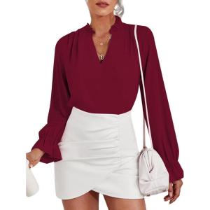 imageLYANER Womens Ruffle V Neck Solid Long Sleeve Chiffon Blouse Shirt TopBurgundy