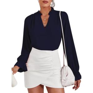 imageLYANER Womens Ruffle V Neck Solid Long Sleeve Chiffon Blouse Shirt TopDark Blue