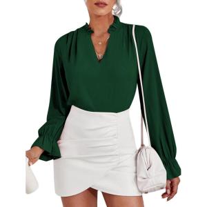 imageLYANER Womens Ruffle V Neck Solid Long Sleeve Chiffon Blouse Shirt TopDark Green
