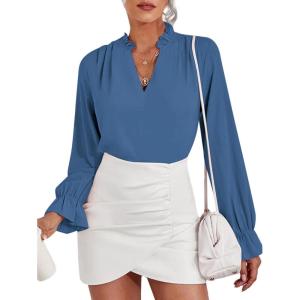 imageLYANER Womens Ruffle V Neck Solid Long Sleeve Chiffon Blouse Shirt TopDusty Blue