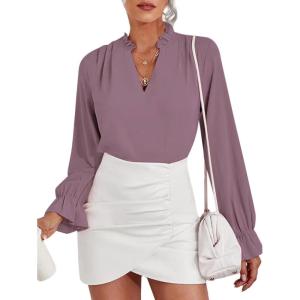 imageLYANER Womens Ruffle V Neck Solid Long Sleeve Chiffon Blouse Shirt TopDusty Purple