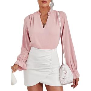 imageLYANER Womens Ruffle V Neck Solid Long Sleeve Chiffon Blouse Shirt TopPink