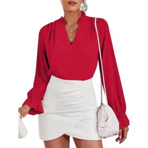 imageLYANER Womens Ruffle V Neck Solid Long Sleeve Chiffon Blouse Shirt TopRed