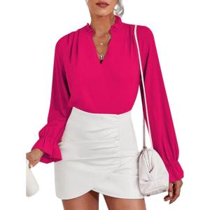 imageLYANER Womens Ruffle V Neck Solid Long Sleeve Chiffon Blouse Shirt TopRose
