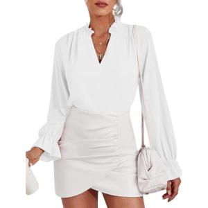 imageLYANER Womens Ruffle V Neck Solid Long Sleeve Chiffon Blouse Shirt TopWhite