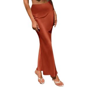 imageLYANER Womens Satin Silk High Waist Pleated Flared Bodycon Maxi SkirtBurnt Orange