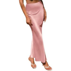 imageLYANER Womens Satin Silk High Waist Pleated Flared Bodycon Maxi SkirtPink