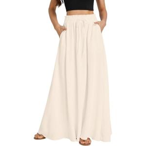 imageLYANER Womens Shirred Smocked Frill Drawstring Pleated High Waist Solid Maxi SkirtBeige