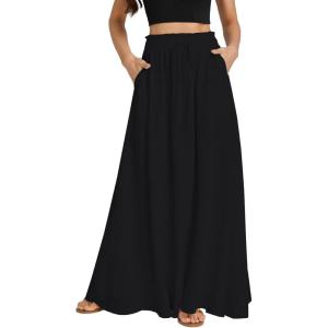 imageLYANER Womens Shirred Smocked Frill Drawstring Pleated High Waist Solid Maxi SkirtBlack