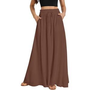imageLYANER Womens Shirred Smocked Frill Drawstring Pleated High Waist Solid Maxi SkirtDark Brown