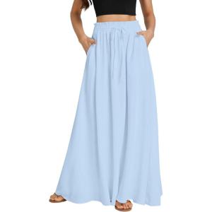 imageLYANER Womens Shirred Smocked Frill Drawstring Pleated High Waist Solid Maxi SkirtLight Blue