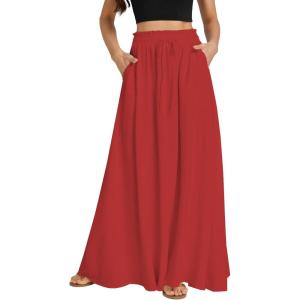 imageLYANER Womens Shirred Smocked Frill Drawstring Pleated High Waist Solid Maxi SkirtRed