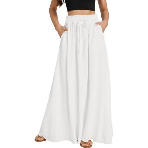 imageLYANER Womens Shirred Smocked Frill Drawstring Pleated High Waist Solid Maxi SkirtWhite
