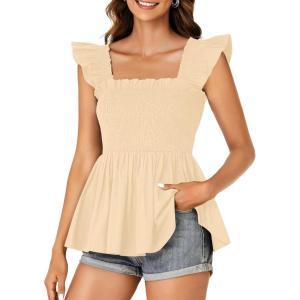 imageLYANER Womens Square Neck Ruffle Cap Sleeve Smocked Peplum Top Babydoll Shirred Blouse Cami TankBeige