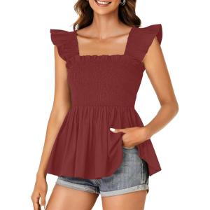 imageLYANER Womens Square Neck Ruffle Cap Sleeve Smocked Peplum Top Babydoll Shirred Blouse Cami TankBurgundy