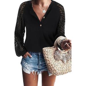 imageLYANER Womens Waffle Knit Fall Blouse Lace Lantern Sleeves Button Dressy Business Casual Shirt Tunic TopsBlack