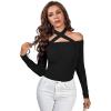 imageLYANER Womens Halter Off Shoulder Spaghetti Strap Cutout Long Sleeve Blouse Shirt TopBlack