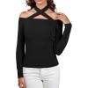 imageLYANER Womens Halter Off Shoulder Spaghetti Strap Cutout Long Sleeve Blouse Shirt TopBlack