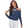 imageLYANER Womens Halter Off Shoulder Spaghetti Strap Cutout Long Sleeve Blouse Shirt TopDusty Blue