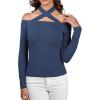 imageLYANER Womens Halter Off Shoulder Spaghetti Strap Cutout Long Sleeve Blouse Shirt TopDusty Blue