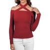 imageLYANER Womens Halter Off Shoulder Spaghetti Strap Cutout Long Sleeve Blouse Shirt TopWine Red