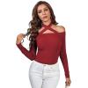 imageLYANER Womens Halter Off Shoulder Spaghetti Strap Cutout Long Sleeve Blouse Shirt TopWine Red