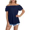 imageLYANER Womens Off Shoulder Ruffle Short Sleeve Ruched Casual Loose Tops Blouse ShirtNavy Blue